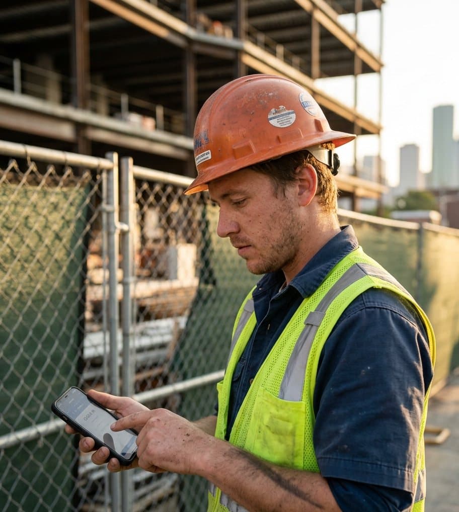 A worker in an orange hard hat and high-visibility vest checking a phone at the edge of a job site