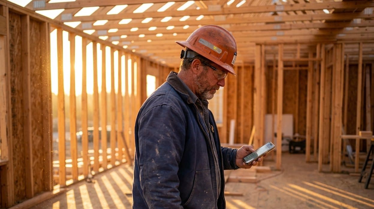 A foreman walking a framed job site with a phone in hand, checking the day's labour and material costs