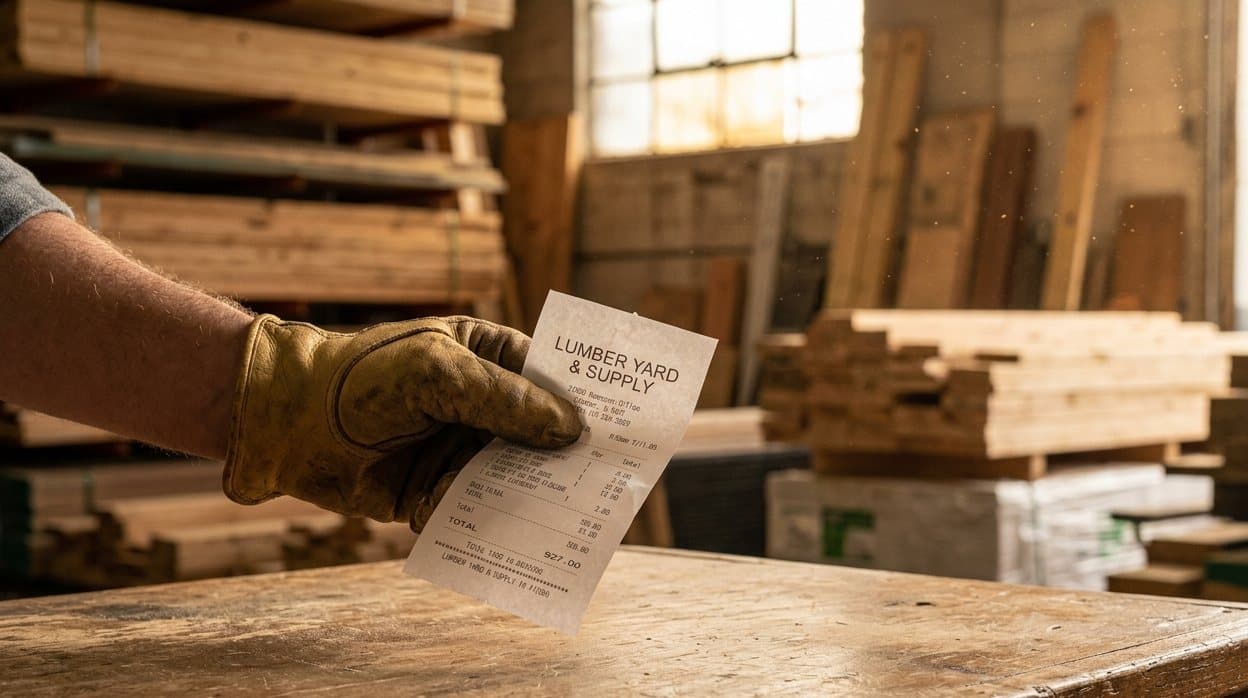 A work-gloved hand holding a lumber yard receipt over a workbench, stacked timber behind
