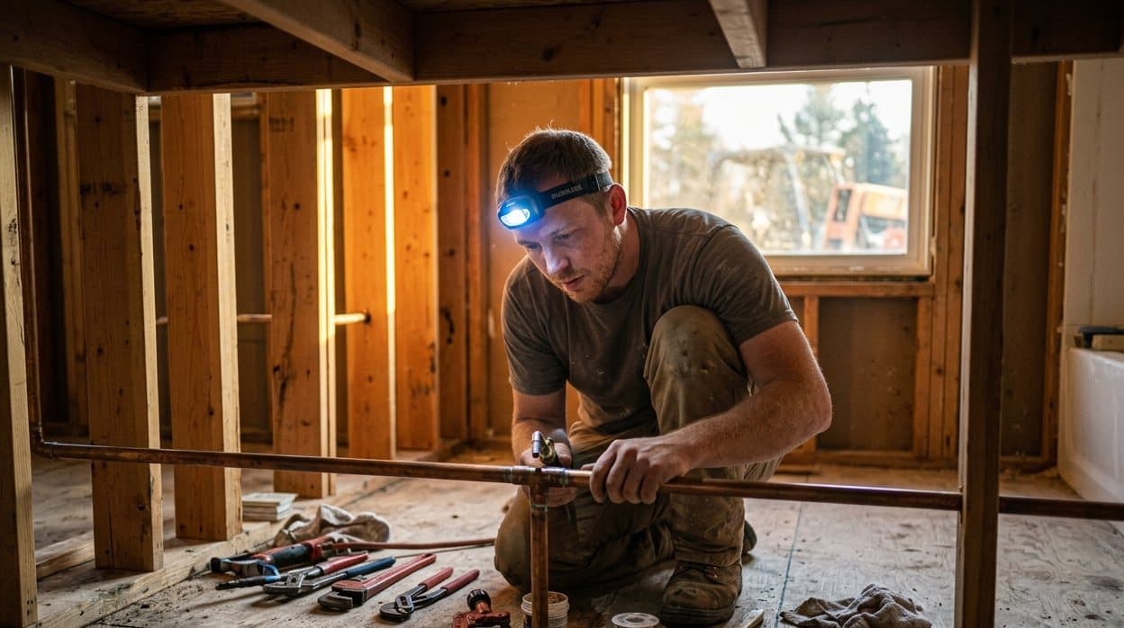 A plumber fitting pipework in a rough-in bathroom, tools laid out on the subfloor