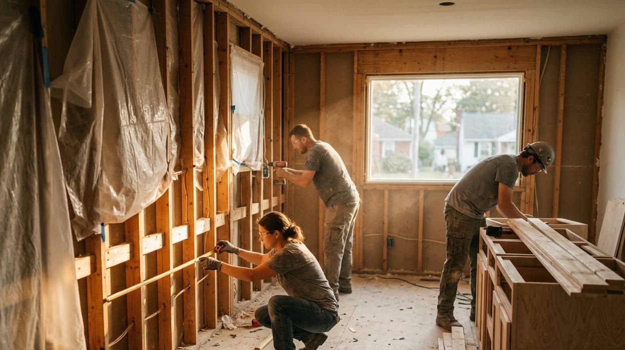 A remodelling crew working inside a stripped residential kitchen with exposed studs and dust sheets