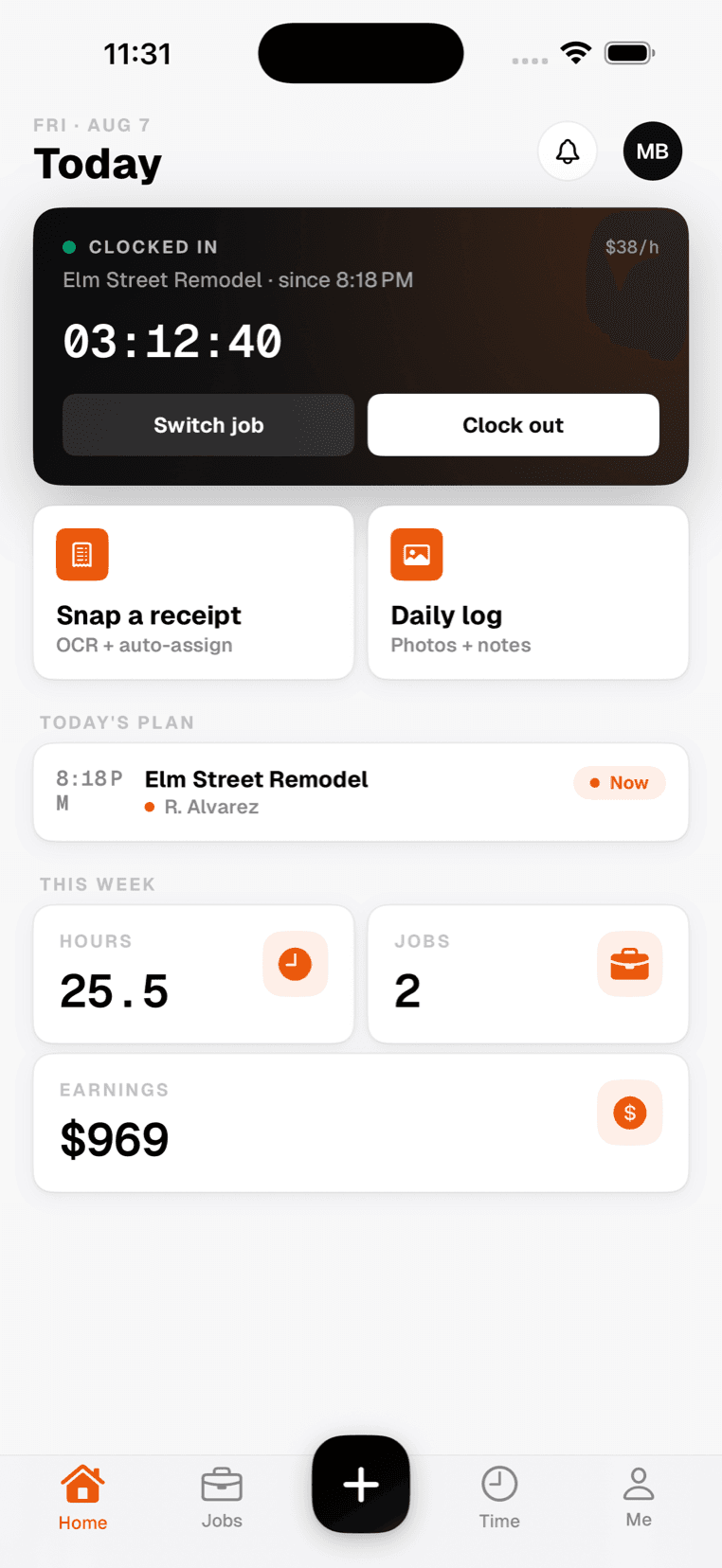SiteLedger on iPhone, signed in as a crew member: clocked in to a job with a running timer, their hourly rate, and shortcuts to snap a receipt or file a daily log.