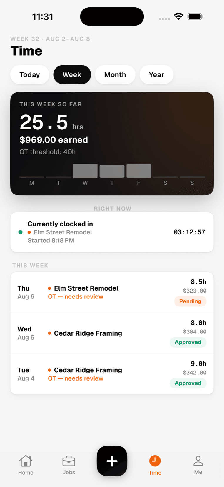 SiteLedger on iPhone, signed in as a crew member: hours and earnings for the week, the shift still running, and each day's entry marked approved or pending.