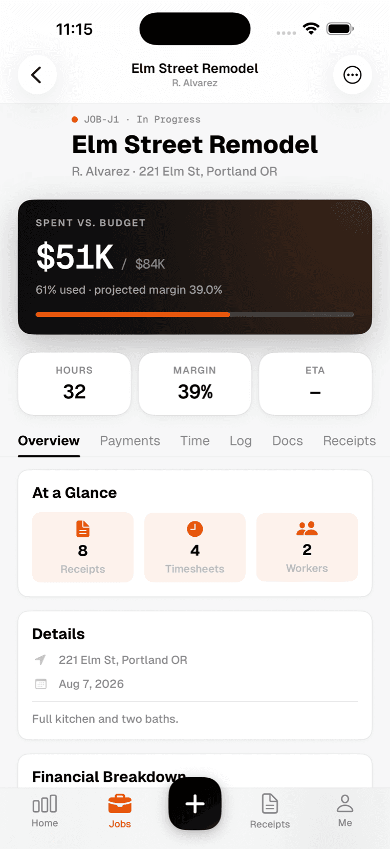SiteLedger on iPhone: a single job showing spent against budget, percentage used, projected margin and hours logged