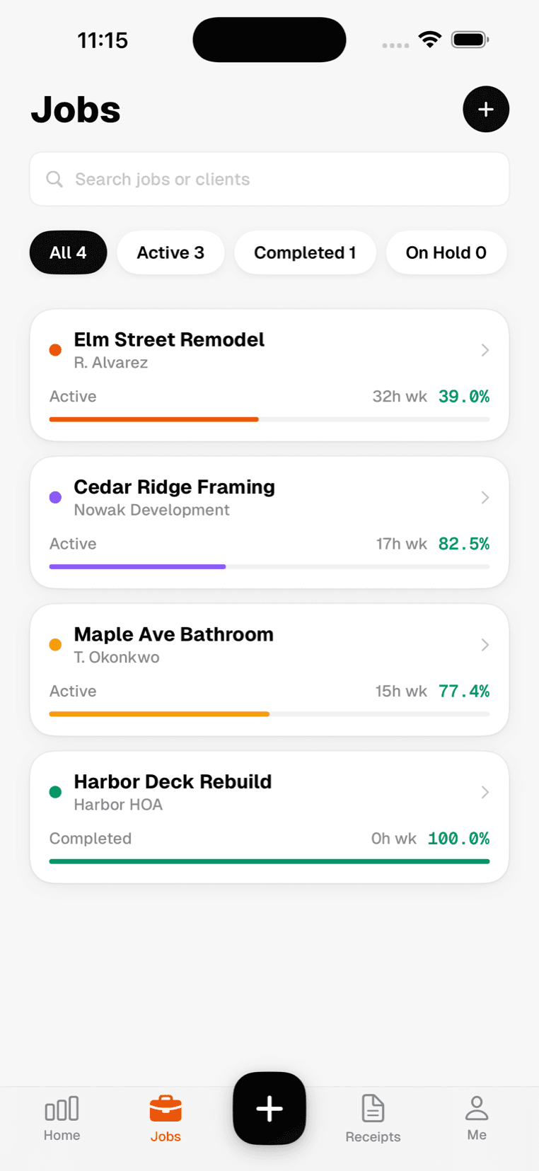 SiteLedger on iPhone: the list of live jobs with spend against budget on each