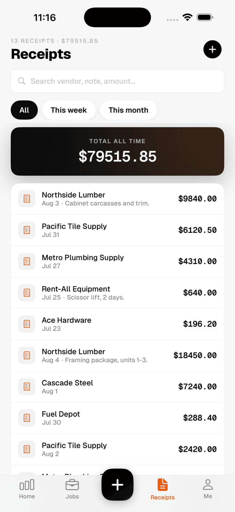 SiteLedger on iPhone: the receipts screen, showing the total captured and each receipt with its vendor, date, note and amount.