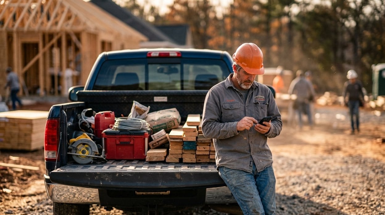 A contractor leaning against the open tailgate of a pickup truck, checking a phone, tools and lumber in the bed