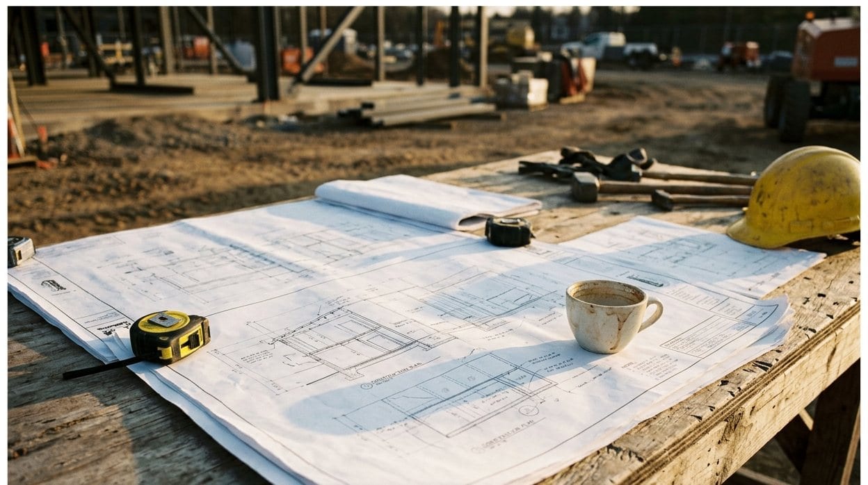 Construction drawings weighted down on a site table with a tape measure, hand tools and a coffee cup