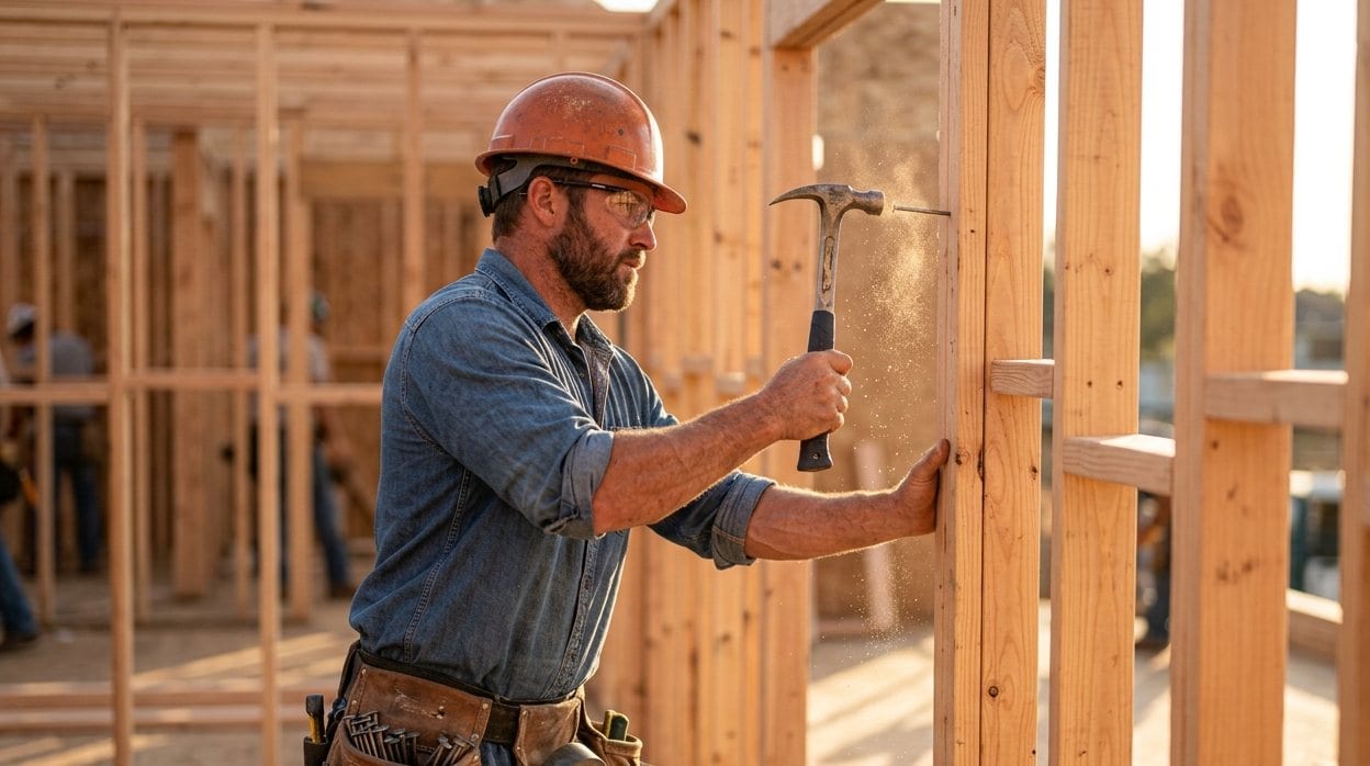 A framing carpenter driving a nail into a timber stud wall, tool belt heavy with fixings