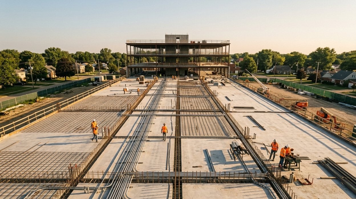 A large commercial job site at sunrise: a poured slab with rebar laid out and a steel frame going up behind it