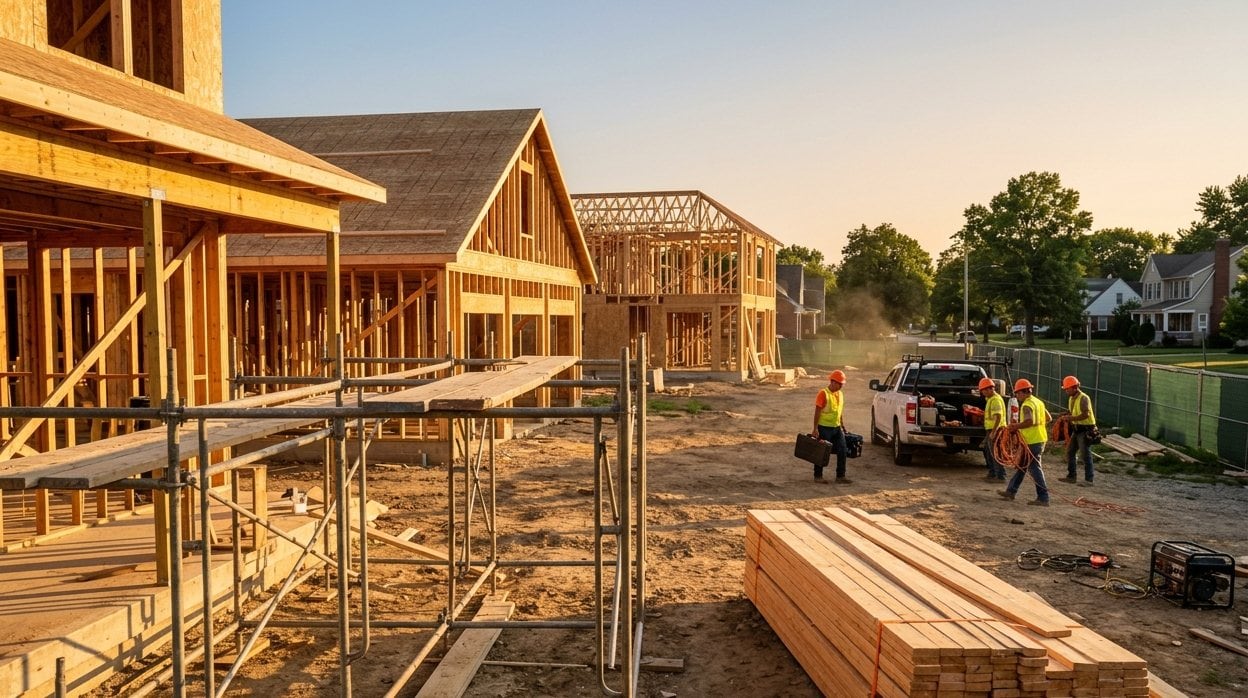 A residential construction site at the end of the day, two houses in timber frame with a crew packing up and a stack of lumber in the foreground
