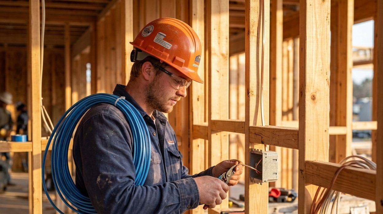 An electrician in an orange hard hat wiring an outlet box in a partly framed wall