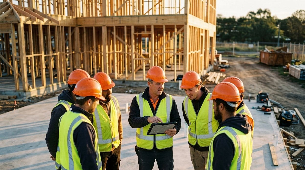 A crew in orange hard hats gathered around a foreman holding a tablet on a concrete slab